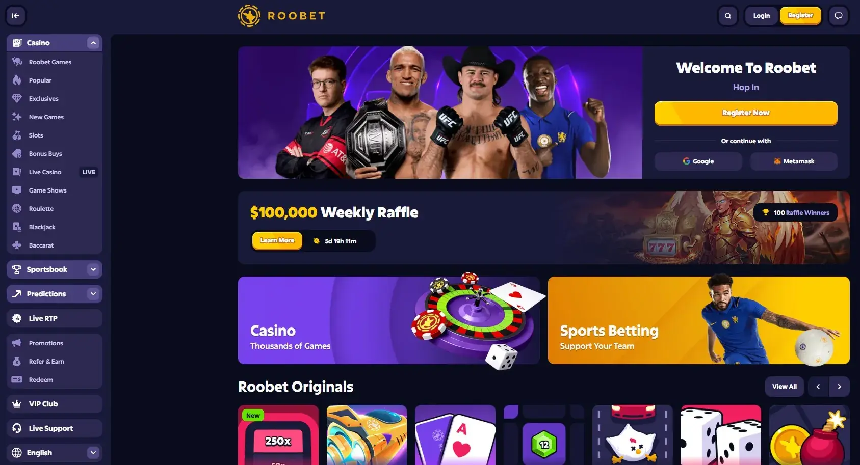 Current Roobet casino game-category navigation and library view