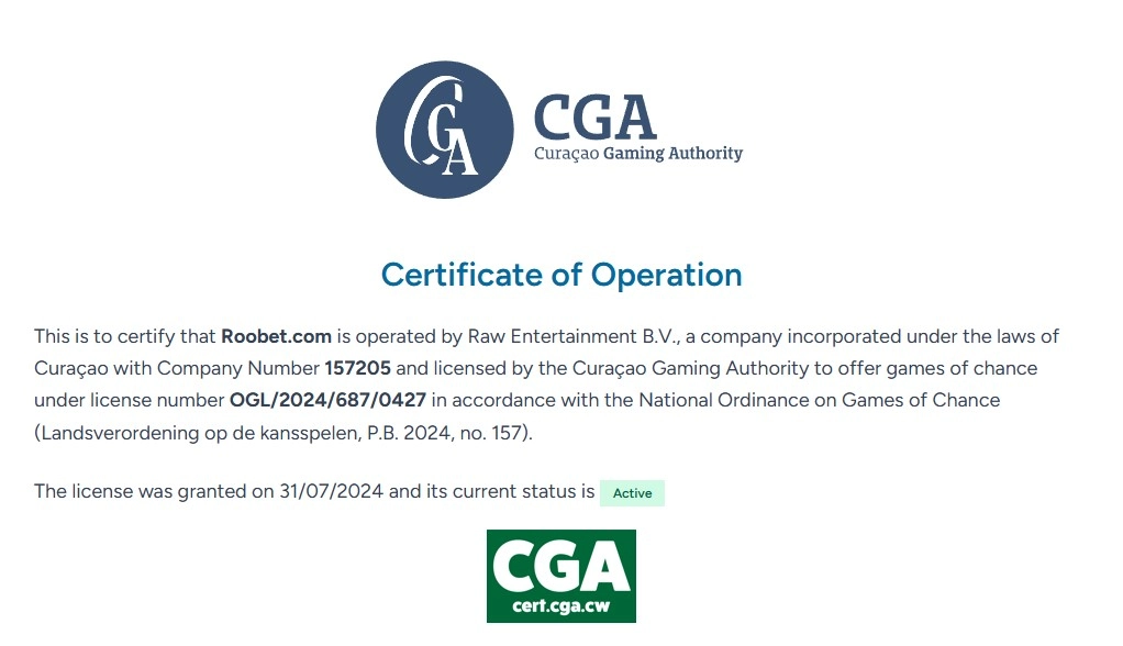 Current Curaçao Gaming Authority certificate for Roobet.com