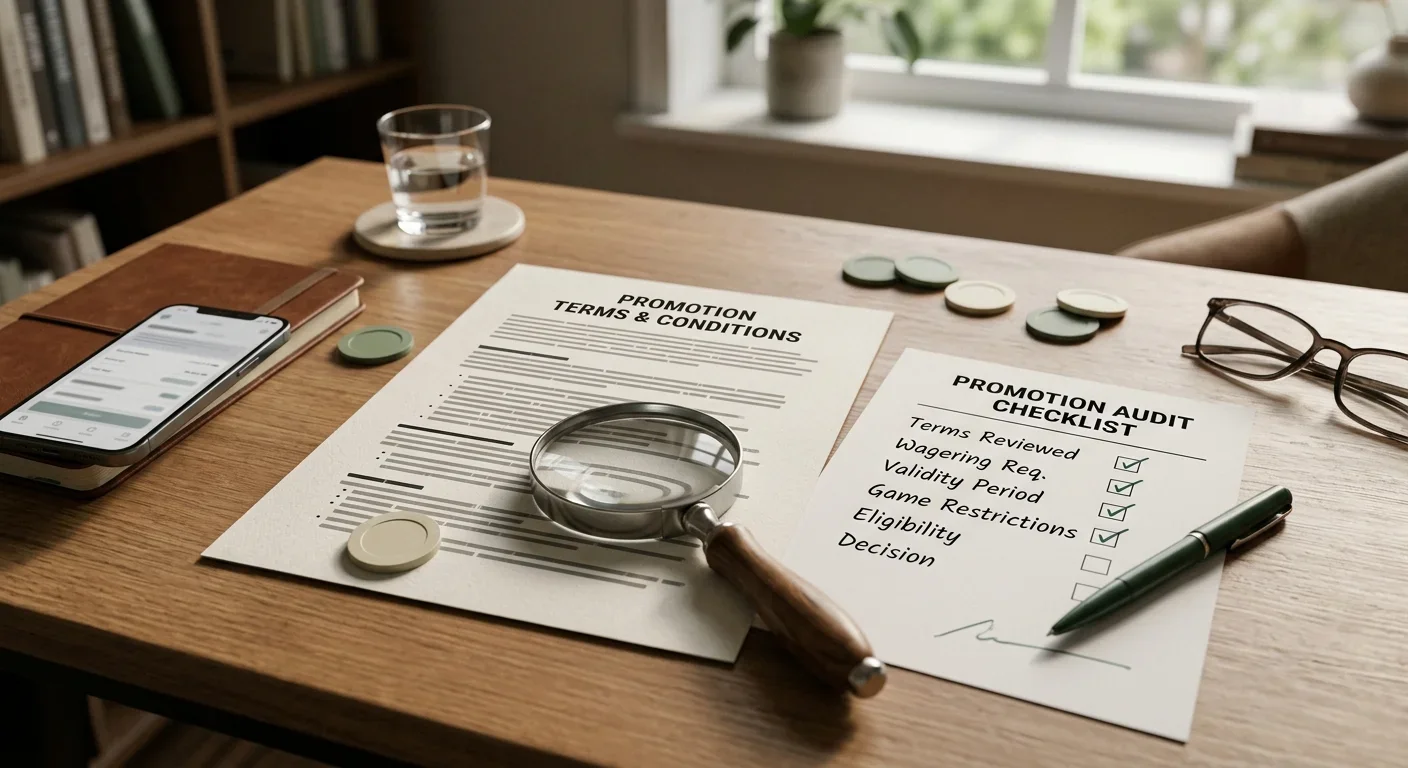 Editorial illustration of promotional terms being checked carefully
