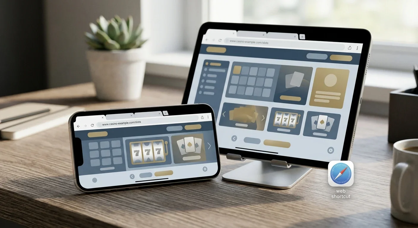 Editorial illustration of browser-based casino use on phone and tablet