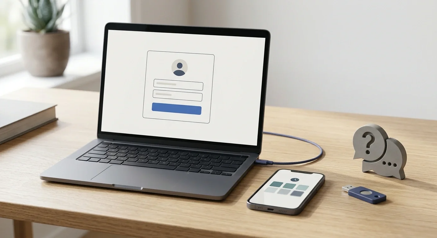 Editorial illustration of secure account setup with password, two-factor authentication and support symbols